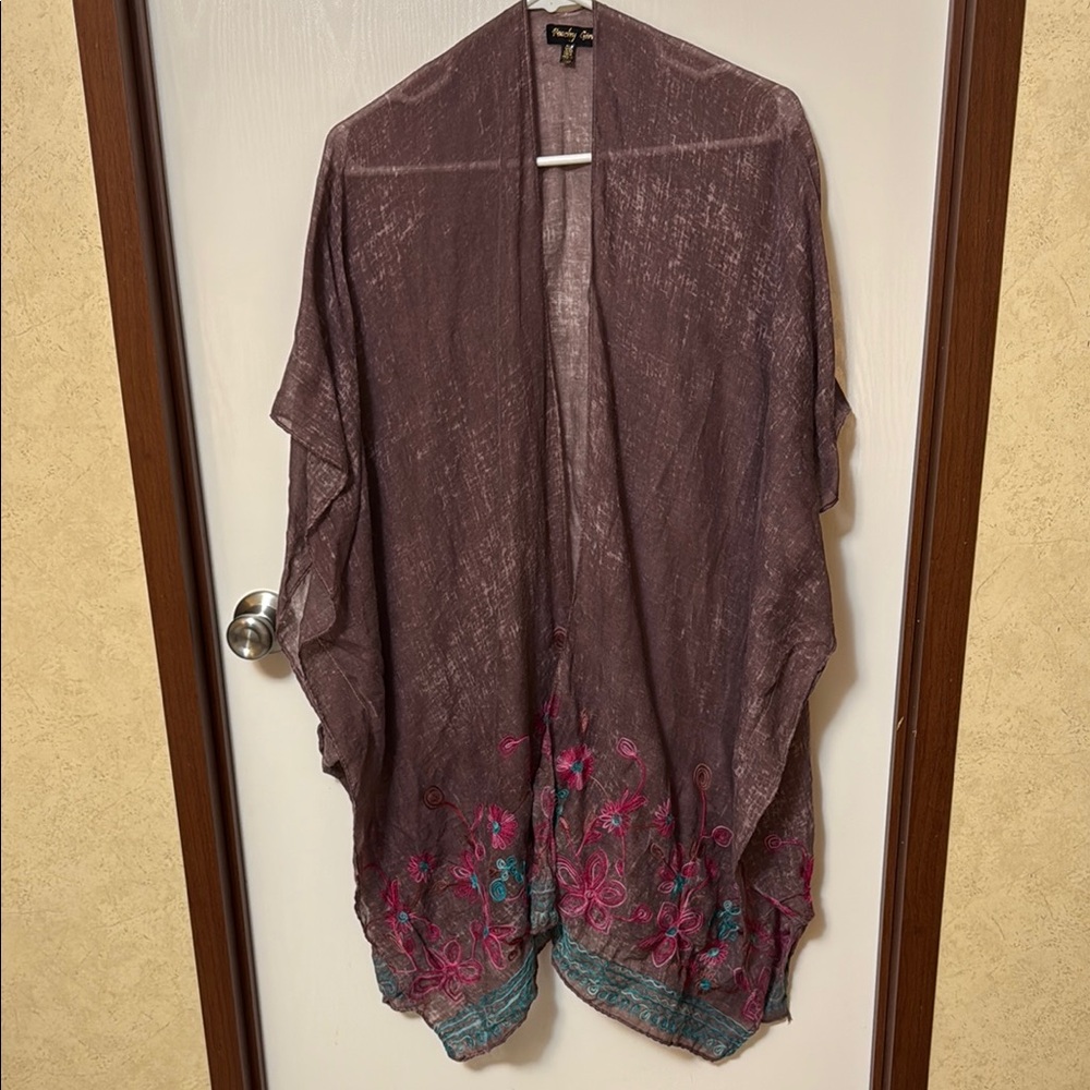 Peachy Girl Brown Floral Embroidered Kimono One Size